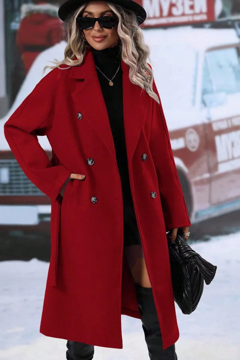 Chouyatou Womens Long Wool Pea Coat Notched Lapel Double Breasted Trench Coat Winter Warm Overcoat with Belt
