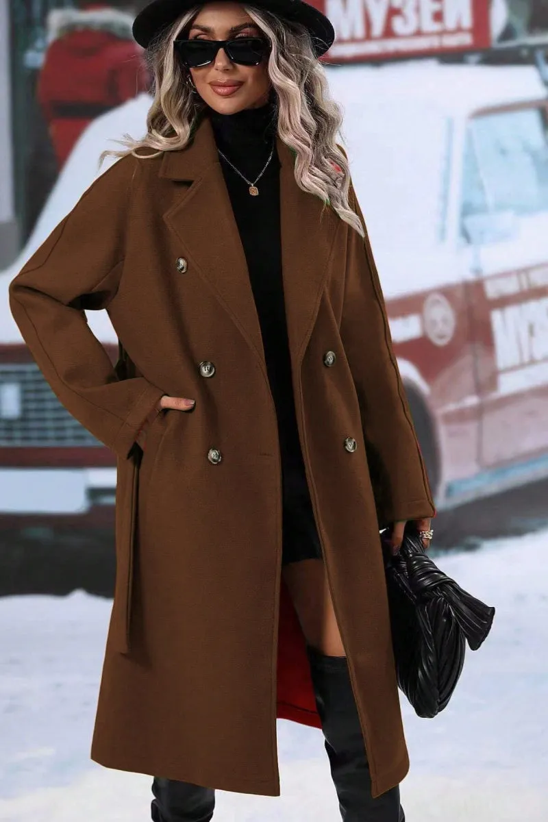 Chouyatou Womens Long Wool Pea Coat Notched Lapel Double Breasted Trench Coat Winter Warm Overcoat with Belt
