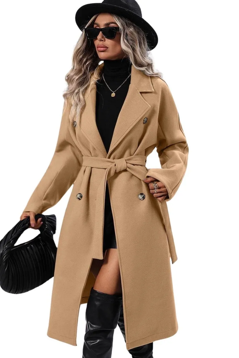 Chouyatou Womens Long Wool Pea Coat Notched Lapel Double Breasted Trench Coat Winter Warm Overcoat with Belt