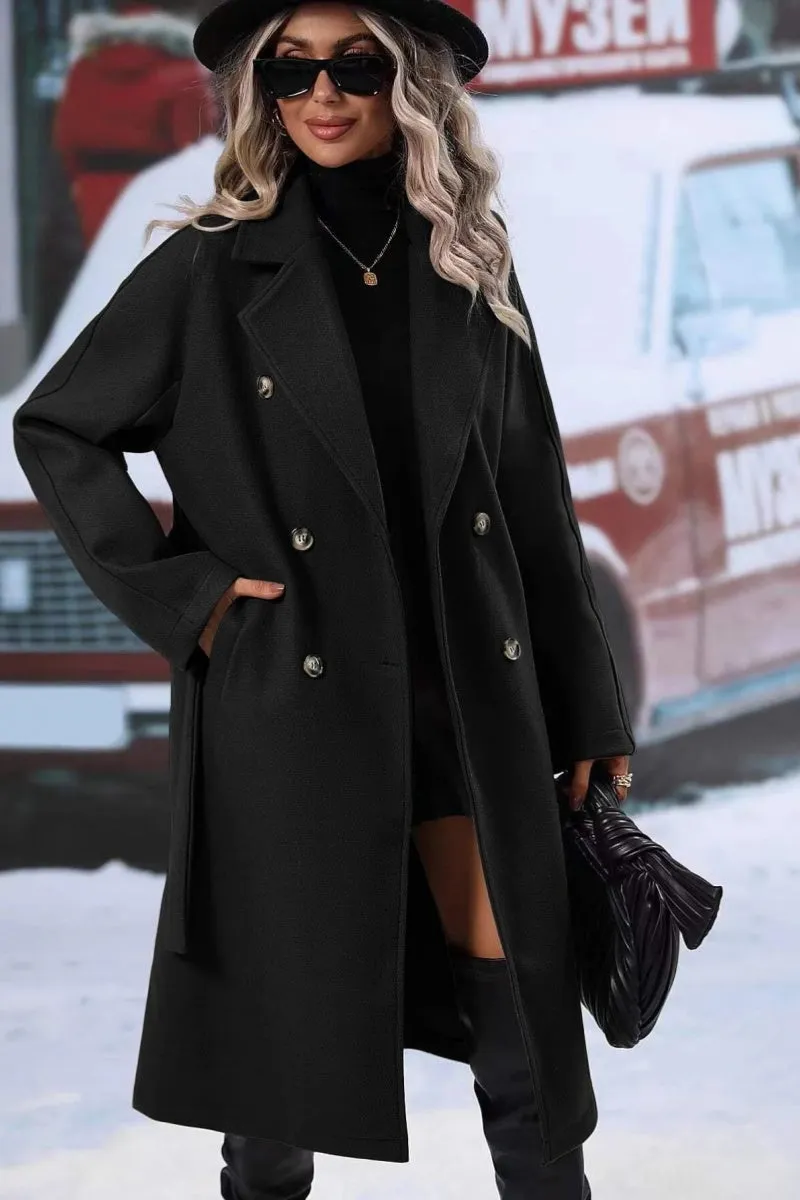 Chouyatou Womens Long Wool Pea Coat Notched Lapel Double Breasted Trench Coat Winter Warm Overcoat with Belt