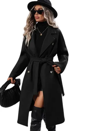 Chouyatou Womens Long Wool Pea Coat Notched Lapel Double Breasted Trench Coat Winter Warm Overcoat with Belt