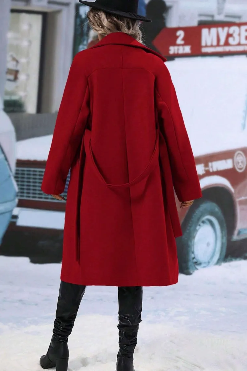 Chouyatou Womens Long Wool Pea Coat Notched Lapel Double Breasted Trench Coat Winter Warm Overcoat with Belt