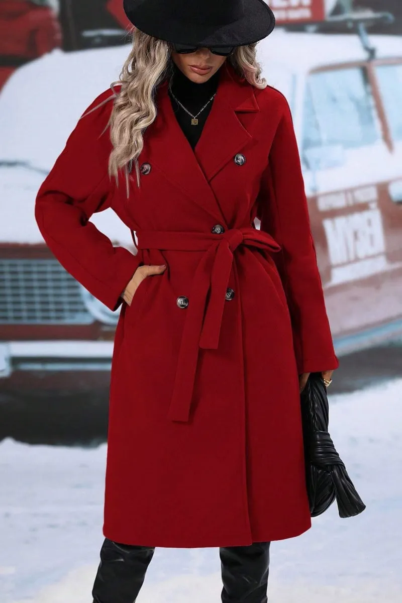 Chouyatou Womens Long Wool Pea Coat Notched Lapel Double Breasted Trench Coat Winter Warm Overcoat with Belt
