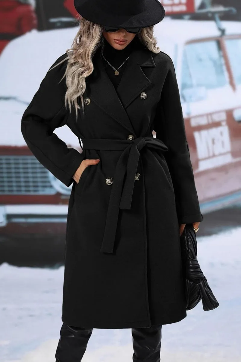Chouyatou Womens Long Wool Pea Coat Notched Lapel Double Breasted Trench Coat Winter Warm Overcoat with Belt