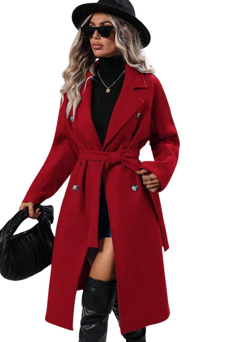 Chouyatou Womens Long Wool Pea Coat Notched Lapel Double Breasted Trench Coat Winter Warm Overcoat with Belt