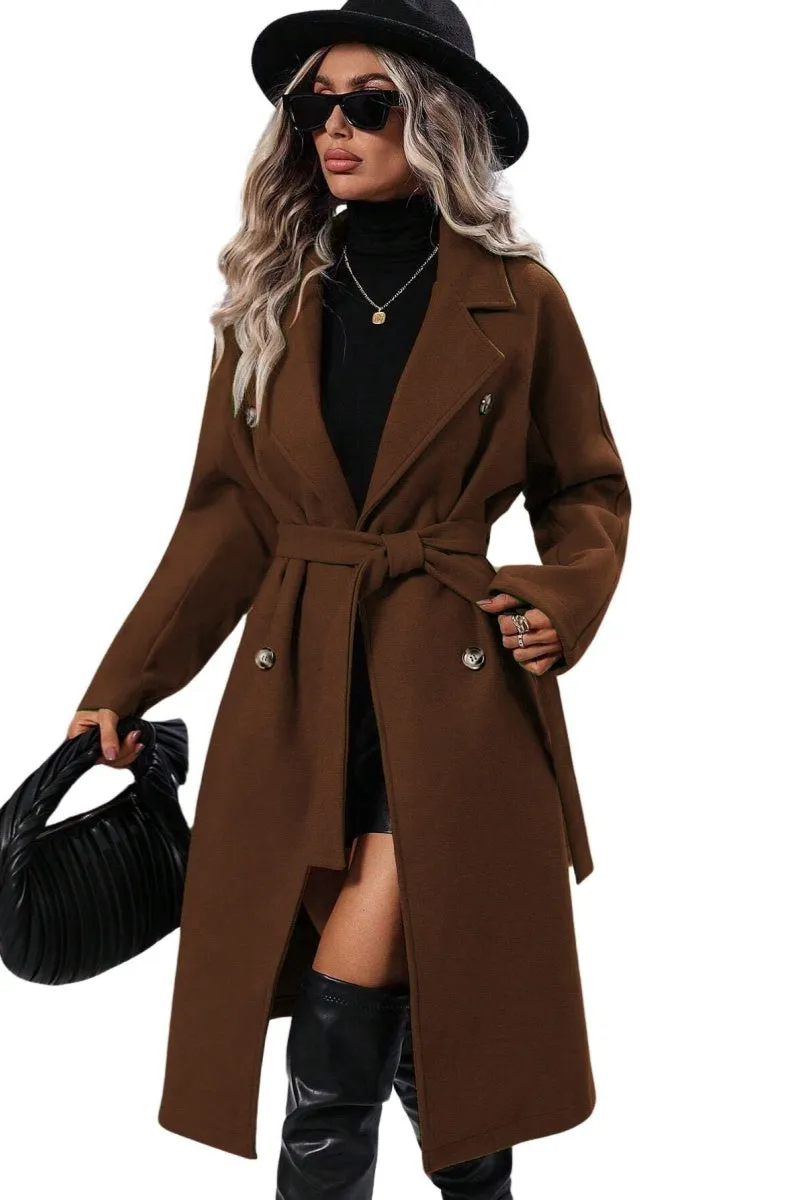 Chouyatou Womens Long Wool Pea Coat Notched Lapel Double Breasted Trench Coat Winter Warm Overcoat with Belt