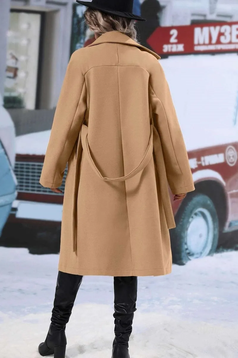 Chouyatou Womens Long Wool Pea Coat Notched Lapel Double Breasted Trench Coat Winter Warm Overcoat with Belt