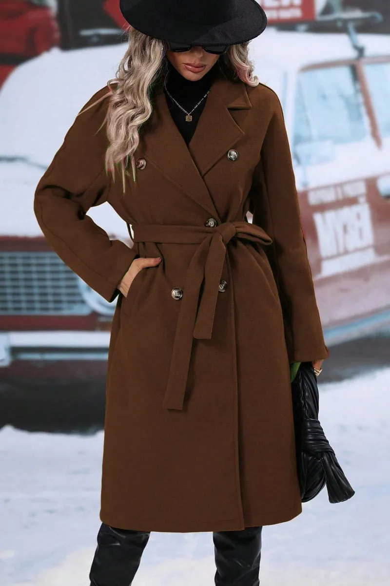 Chouyatou Womens Long Wool Pea Coat Notched Lapel Double Breasted Trench Coat Winter Warm Overcoat with Belt