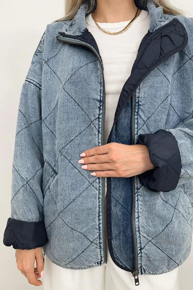 Chouyatou Women's Oversized Long Sleeve Denim Jacket Casual Loose Fit Zip Up Jean Quilted Jackets Coat with Pockets