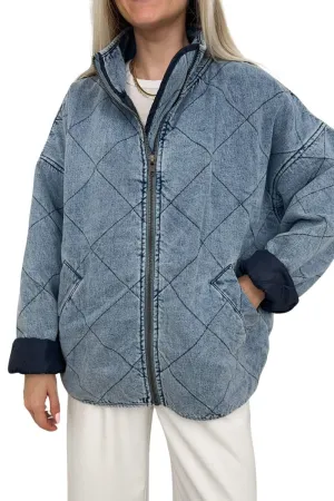 Chouyatou Women's Oversized Long Sleeve Denim Jacket Casual Loose Fit Zip Up Jean Quilted Jackets Coat with Pockets