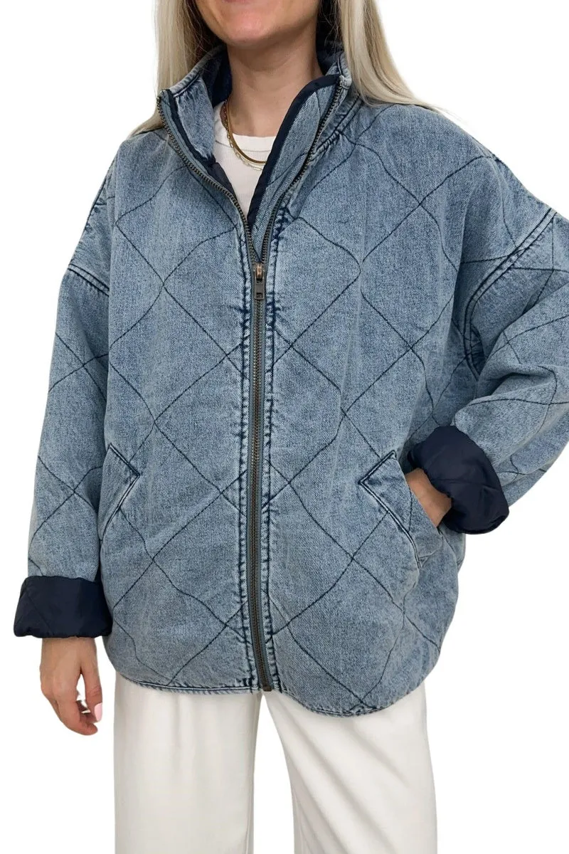 Chouyatou Women's Oversized Long Sleeve Denim Jacket Casual Loose Fit Zip Up Jean Quilted Jackets Coat with Pockets