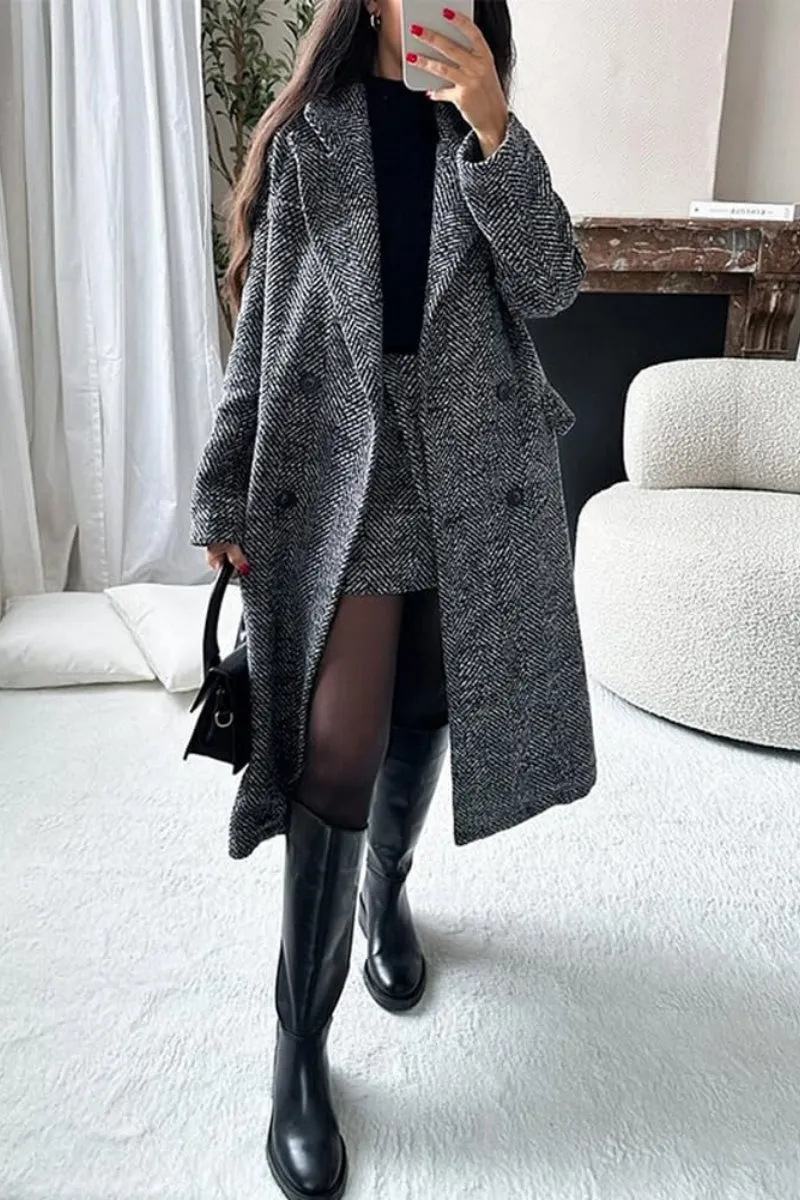 Chouyatou Women's Winter Casual Herringbone Wool Coat Double Breasted Notch Collar Dressy Long Trench Coat