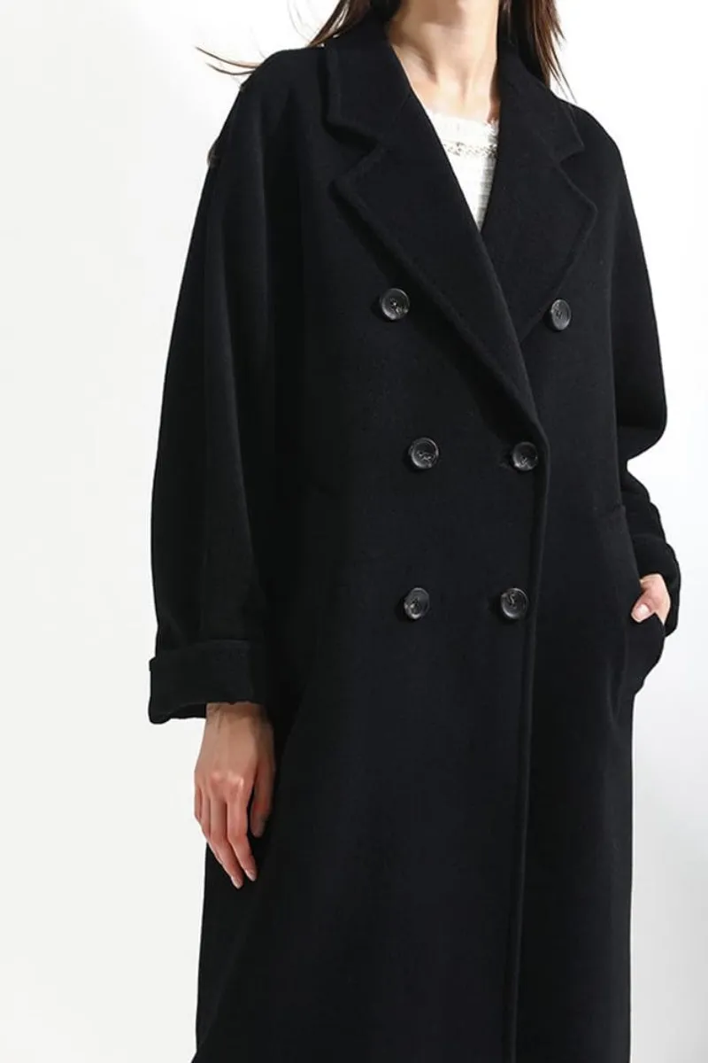 Chouyatou Women's Winter Double Breasted Wool Coat Business Casual Midi Long Winter Trench Coat with Belt