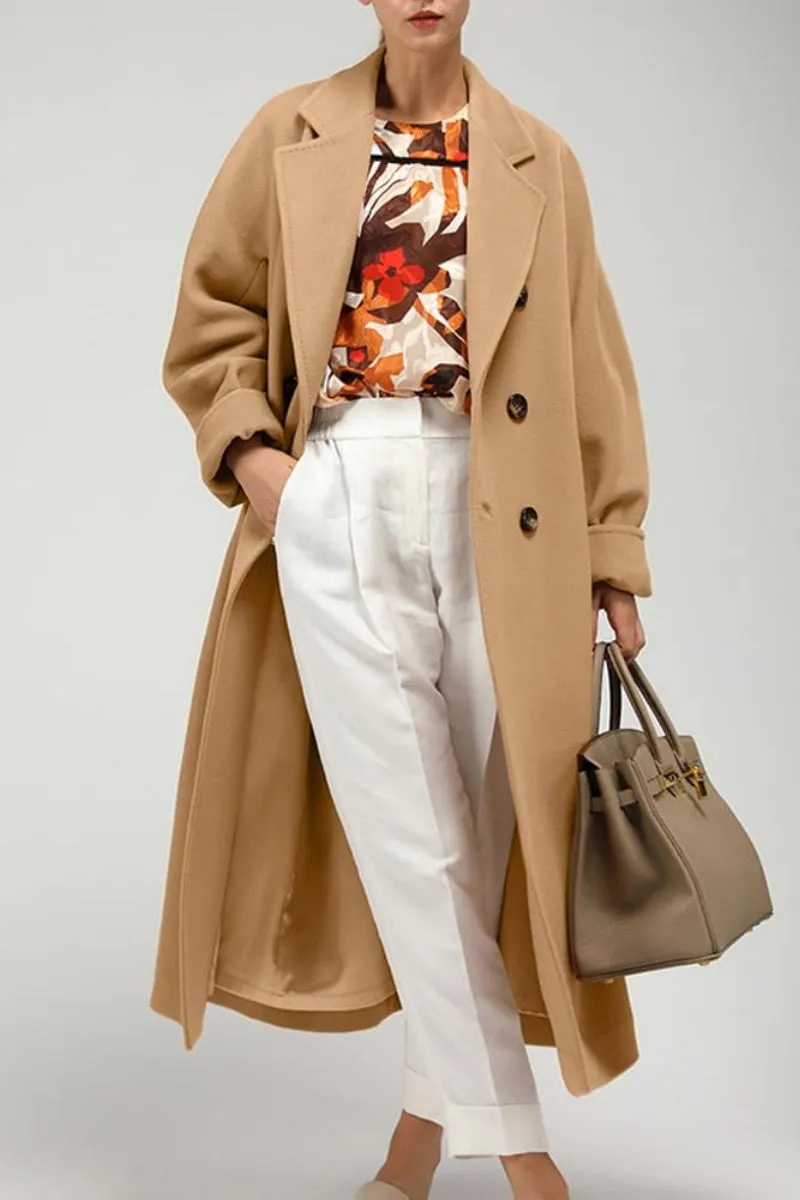 Chouyatou Women's Winter Double Breasted Wool Coat Business Casual Midi Long Winter Trench Coat with Belt