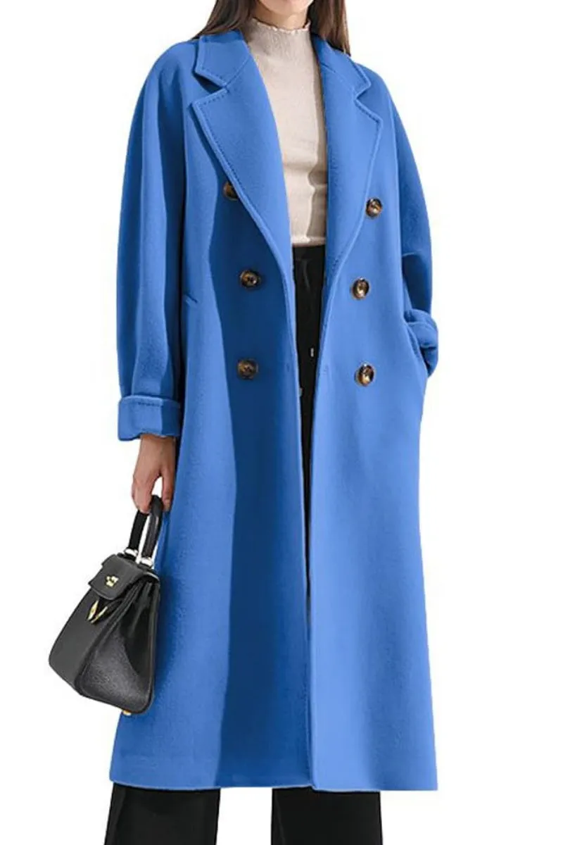 Chouyatou Women's Winter Double Breasted Wool Coat Business Casual Midi Long Winter Trench Coat with Belt