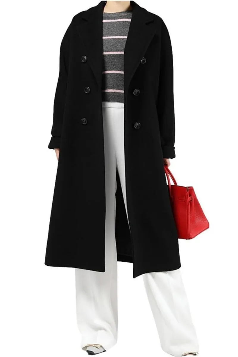 Chouyatou Women's Winter Double Breasted Wool Coat Business Casual Midi Long Winter Trench Coat with Belt