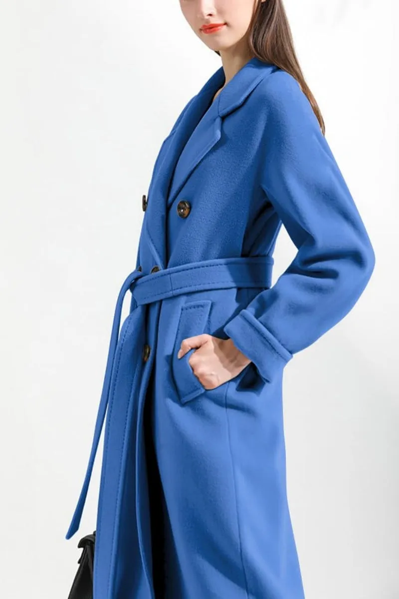 Chouyatou Women's Winter Double Breasted Wool Coat Business Casual Midi Long Winter Trench Coat with Belt