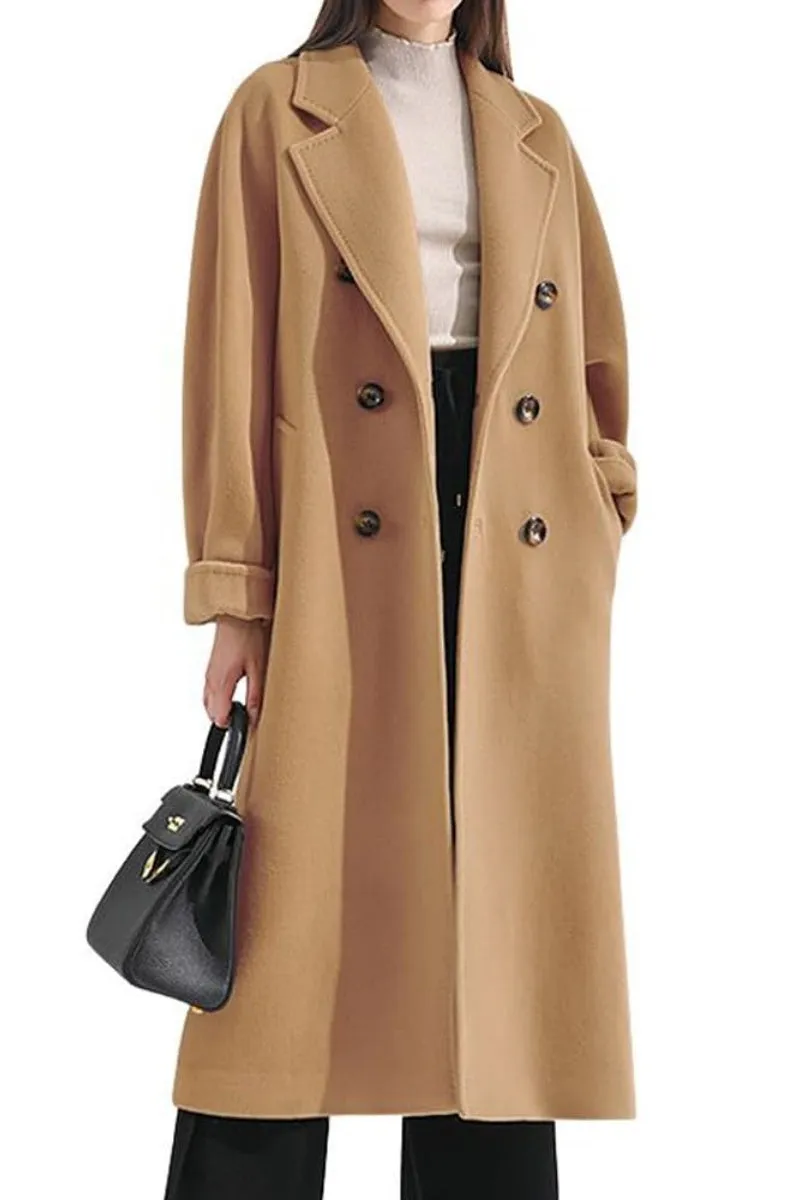 Chouyatou Women's Winter Double Breasted Wool Coat Business Casual Midi Long Winter Trench Coat with Belt