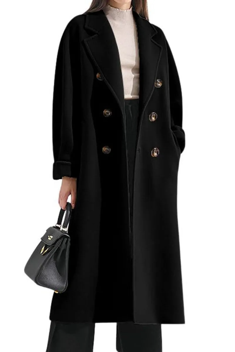 Chouyatou Women's Winter Double Breasted Wool Coat Business Casual Midi Long Winter Trench Coat with Belt