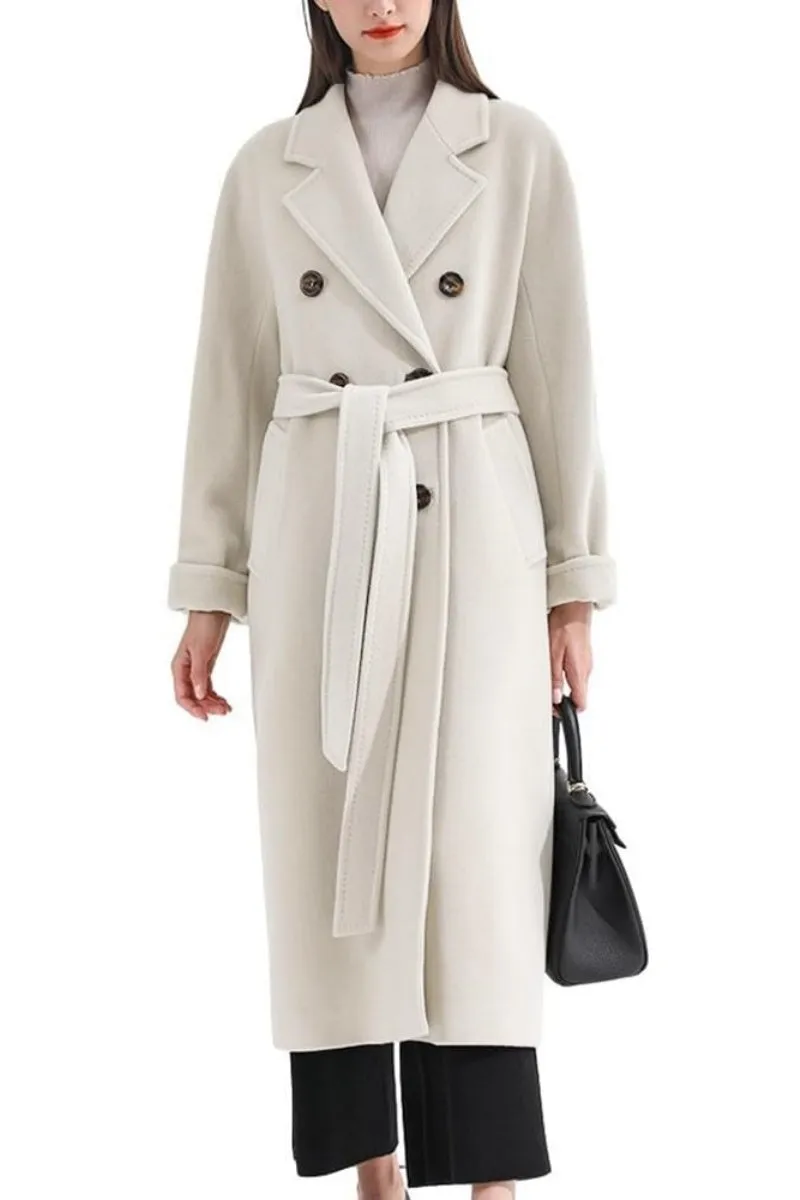 Chouyatou Women's Winter Double Breasted Wool Coat Business Casual Midi Long Winter Trench Coat with Belt
