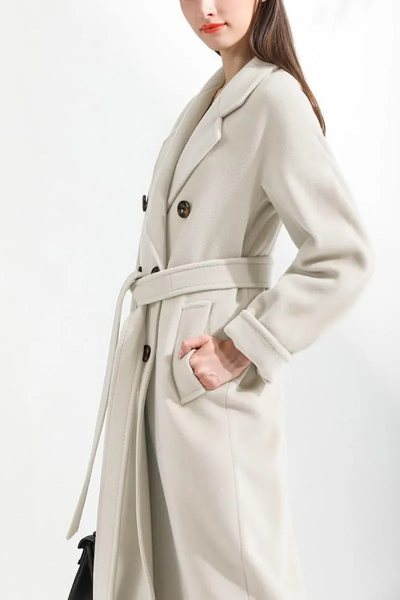 Chouyatou Women's Winter Double Breasted Wool Coat Business Casual Midi Long Winter Trench Coat with Belt