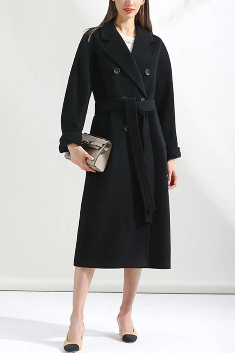 Chouyatou Women's Winter Double Breasted Wool Coat Business Casual Midi Long Winter Trench Coat with Belt