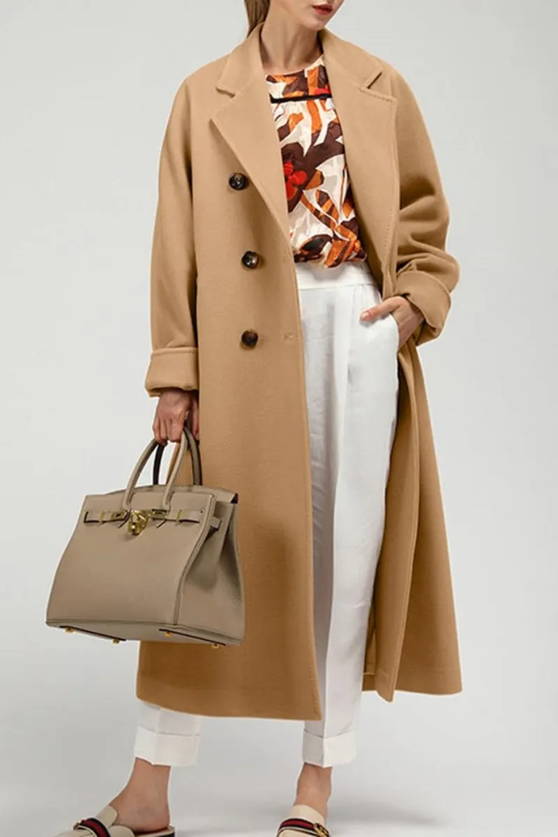 Chouyatou Women's Winter Double Breasted Wool Coat Business Casual Midi Long Winter Trench Coat with Belt