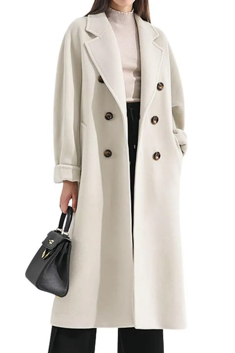 Chouyatou Women's Winter Double Breasted Wool Coat Business Casual Midi Long Winter Trench Coat with Belt