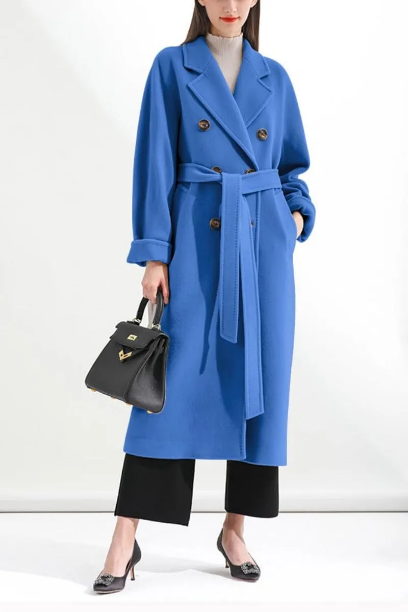 Chouyatou Women's Winter Double Breasted Wool Coat Business Casual Midi Long Winter Trench Coat with Belt