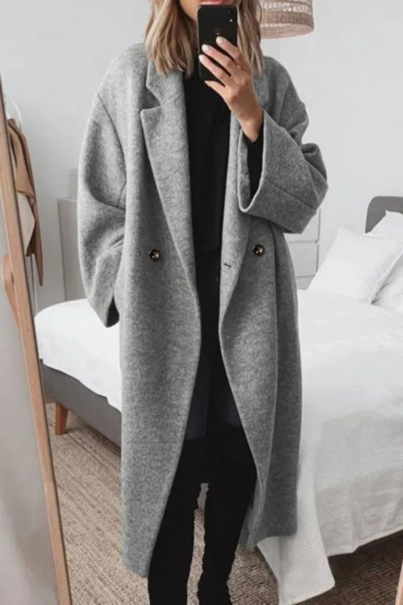 Chouyatou Women's Winter Double Breasted Wool Coat Long Sleeve Notch Lapel Long Trench Coat
