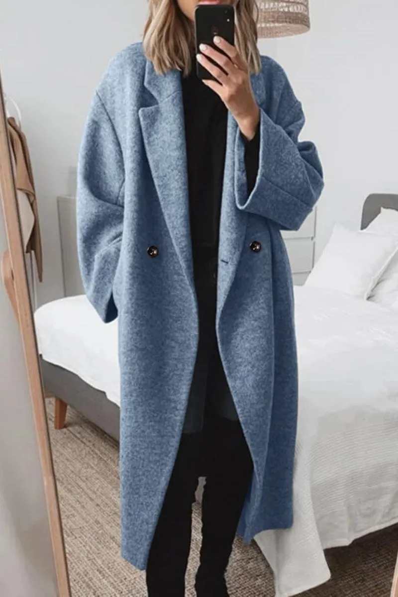 Chouyatou Women's Winter Double Breasted Wool Coat Long Sleeve Notch Lapel Long Trench Coat