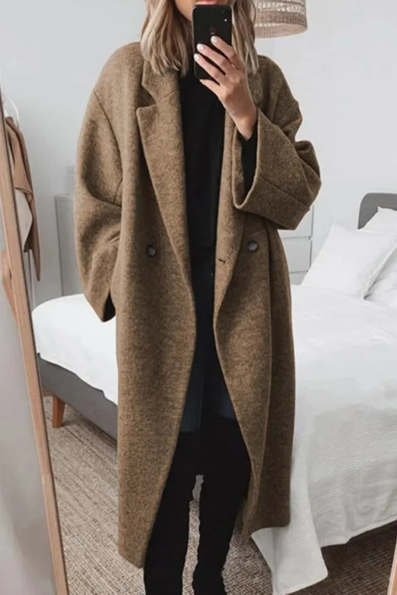 Chouyatou Women's Winter Double Breasted Wool Coat Long Sleeve Notch Lapel Long Trench Coat