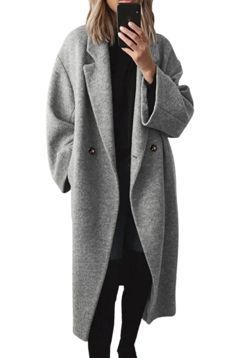 Chouyatou Women's Winter Double Breasted Wool Coat Long Sleeve Notch Lapel Long Trench Coat