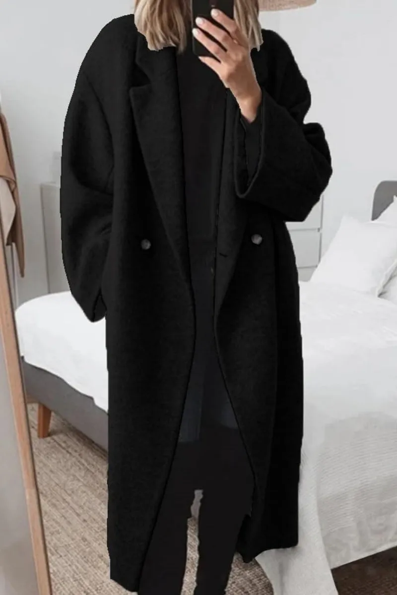 Chouyatou Women's Winter Double Breasted Wool Coat Long Sleeve Notch Lapel Long Trench Coat