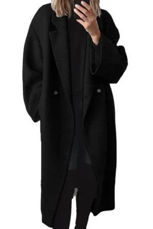 Chouyatou Women's Winter Double Breasted Wool Coat Long Sleeve Notch Lapel Long Trench Coat
