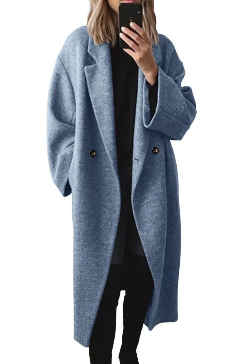 Chouyatou Women's Winter Double Breasted Wool Coat Long Sleeve Notch Lapel Long Trench Coat
