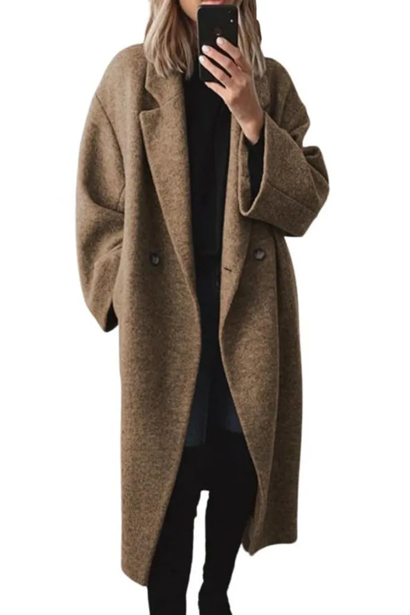Chouyatou Women's Winter Double Breasted Wool Coat Long Sleeve Notch Lapel Long Trench Coat
