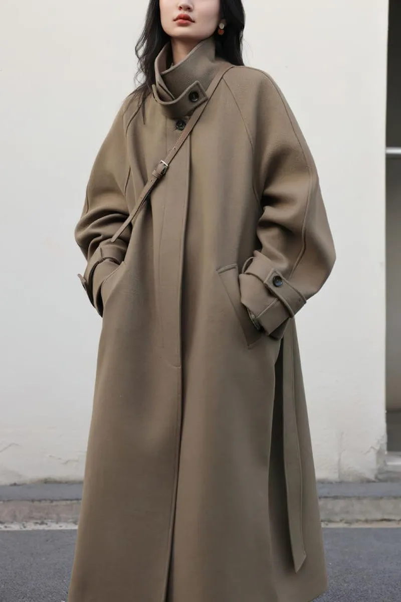 Chouyatou Women's Winter Hidden Single Breasted Wool Coat Raglan Sleeve Business Long Wool Overcoat