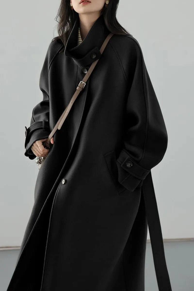 Chouyatou Women's Winter Hidden Single Breasted Wool Coat Raglan Sleeve Business Long Wool Overcoat