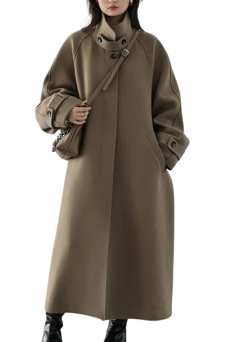 Chouyatou Women's Winter Hidden Single Breasted Wool Coat Raglan Sleeve Business Long Wool Overcoat