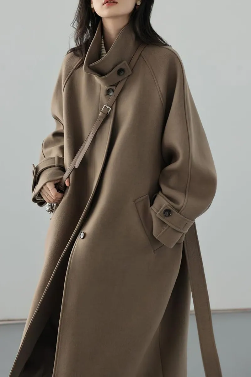 Chouyatou Women's Winter Hidden Single Breasted Wool Coat Raglan Sleeve Business Long Wool Overcoat
