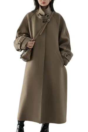 Chouyatou Women's Winter Hidden Single Breasted Wool Coat Raglan Sleeve Business Long Wool Overcoat