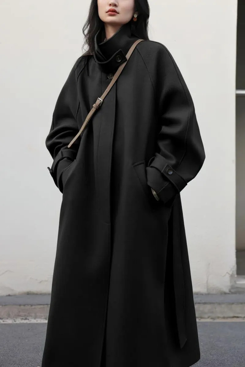 Chouyatou Women's Winter Hidden Single Breasted Wool Coat Raglan Sleeve Business Long Wool Overcoat