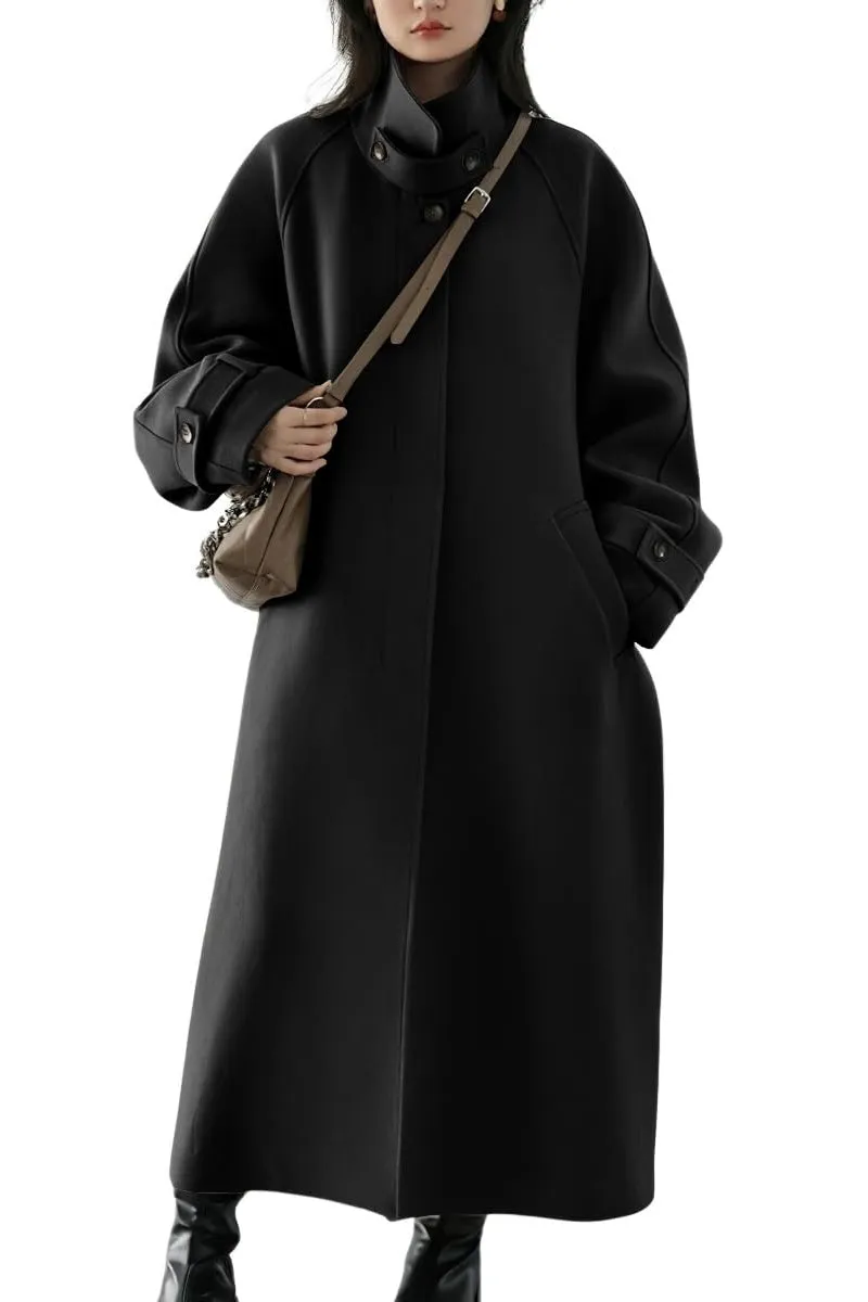 Chouyatou Women's Winter Hidden Single Breasted Wool Coat Raglan Sleeve Business Long Wool Overcoat