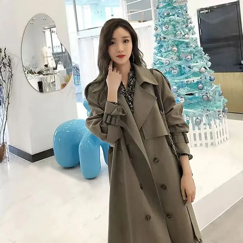 Classic Khaki Long Trench Coats Women Oversize