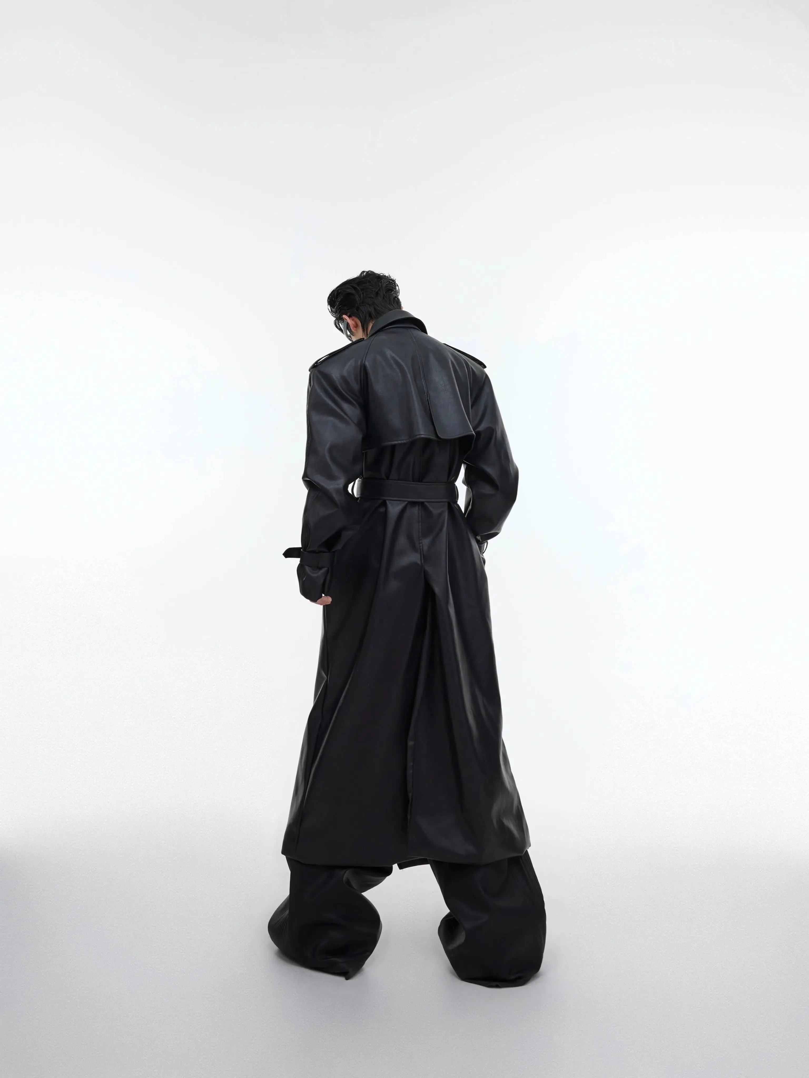Deconstructed Split PU Leather Long Coat