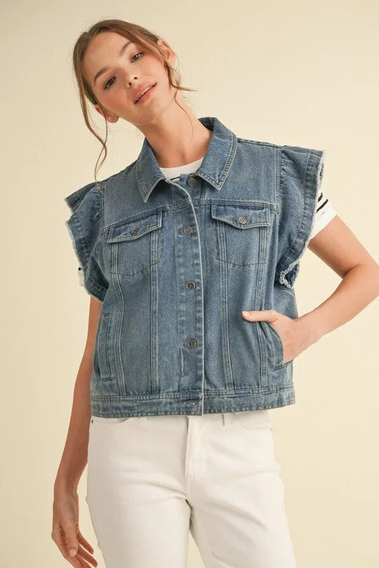 Denim Ruffly Shoulder Jacket