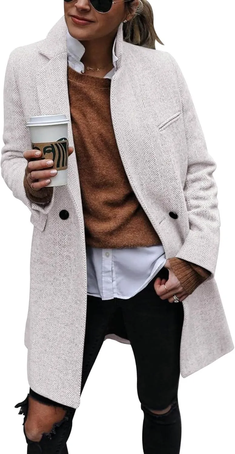 Ebifin Women's Notch Lapel Double Breasted Trench Coat Peacoat