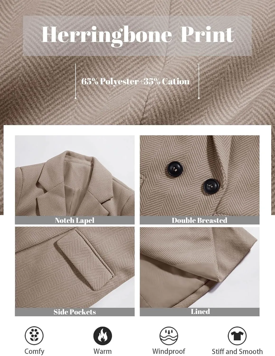 Ebifin Women's Notch Lapel Double Breasted Trench Coat Peacoat