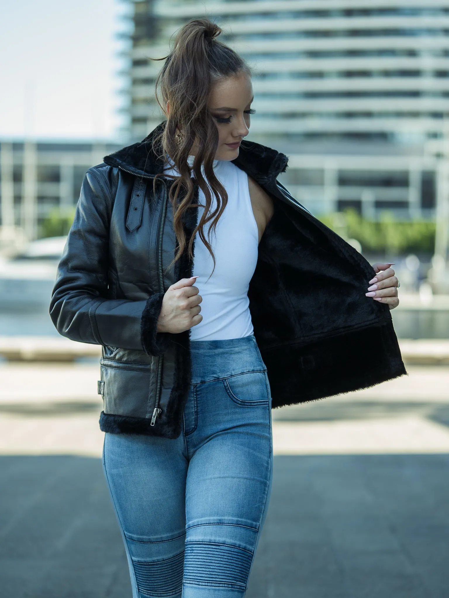 Edna Black Sheepskin Leather Jacket